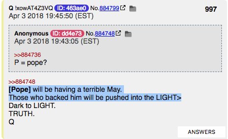  #QPost 997Anon asks P=pope?  #Q answers:[Pope] will be having a terrible May.Those who backed him will be pushed into the LIGHT>Those who backed him?Hat tip  @AvonSalez  @shadygrooove @POTUS  #WhatisP  #QAnon  #QArmy