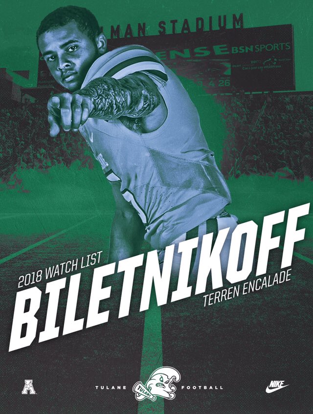 GreenWaveFB's tweet photo. Get familiar with @teddyencalade — you’ll be hearing his name a lot this year.

Starting right now 👊🏾

Encalade named to the @biletnikoffawrd Preseason Watch List.

📰 Story: https://t.co/jyGTBsfjZX https://t.co/bh91xUWp8r