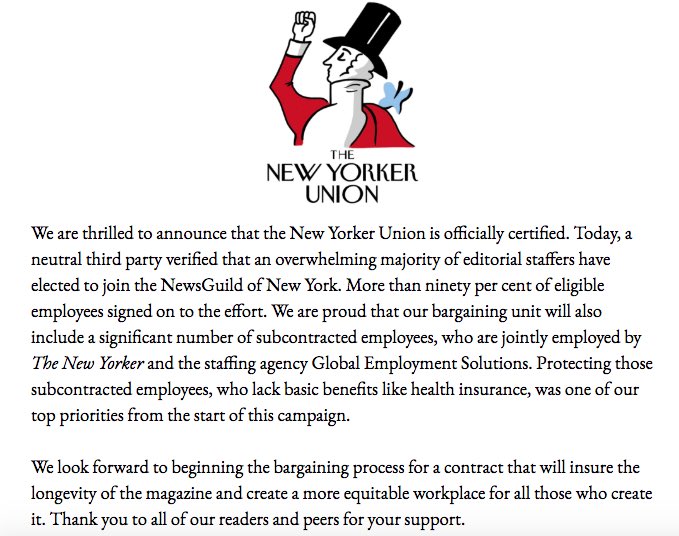 newyorkerunion's tweet image. We are thrilled to announce that the New Yorker Union is officially certified. Thank you to all of our readers and peers for your support! #NewYorkerUnion
