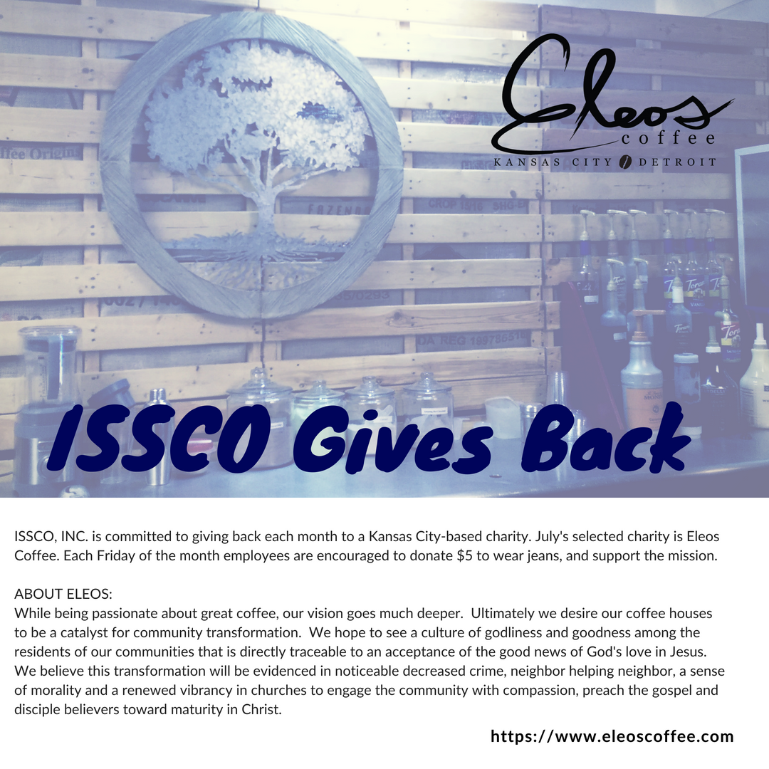 issco_inc's tweet photo. #ThursdayMotivation to #GiveBack. @issco_inc's team is committed to giving back to #KansasCity charities, and has named Eleos Coffee as the July recipient of their #JeansDay donations. #ISSCOGivesBack #EleosCoffee https://t.co/GqgaPhaQgj