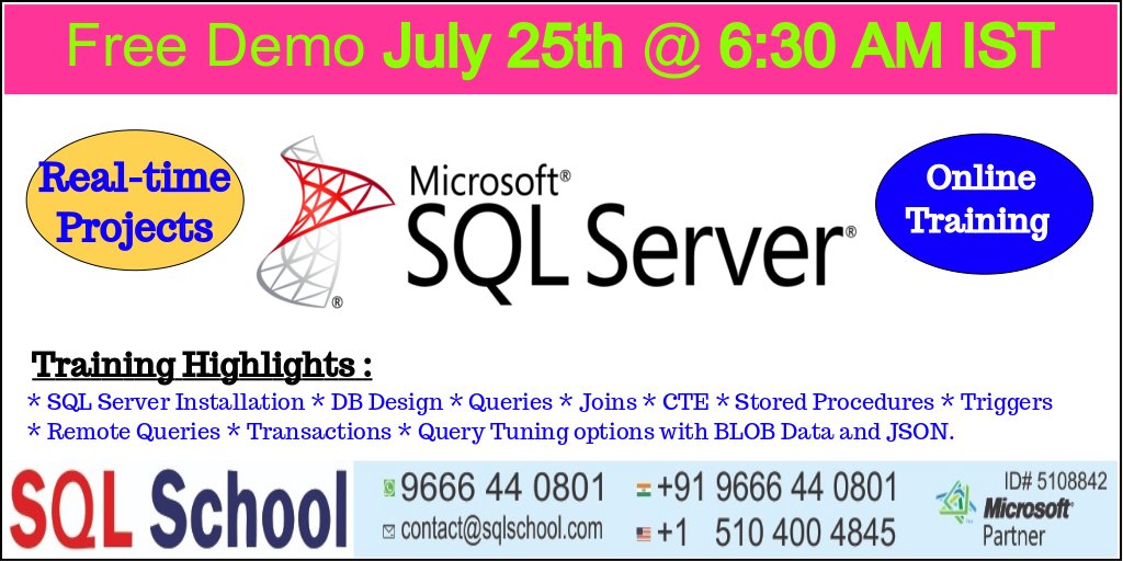 sequelschool's tweet image. Microsoft SQL Server Training Free Demo Class

Free Demo: July 25th @ 6:30 AM India Time

For Registration Please Call Us:
+1 510 400 4845 [USA]
+91 9666 44 0801 [India]

Please visit for detailed course curriculum: sqlschool.com/TSQL-Online-Tr…

Highlights:
#RealtimeProject #OnlineLAB