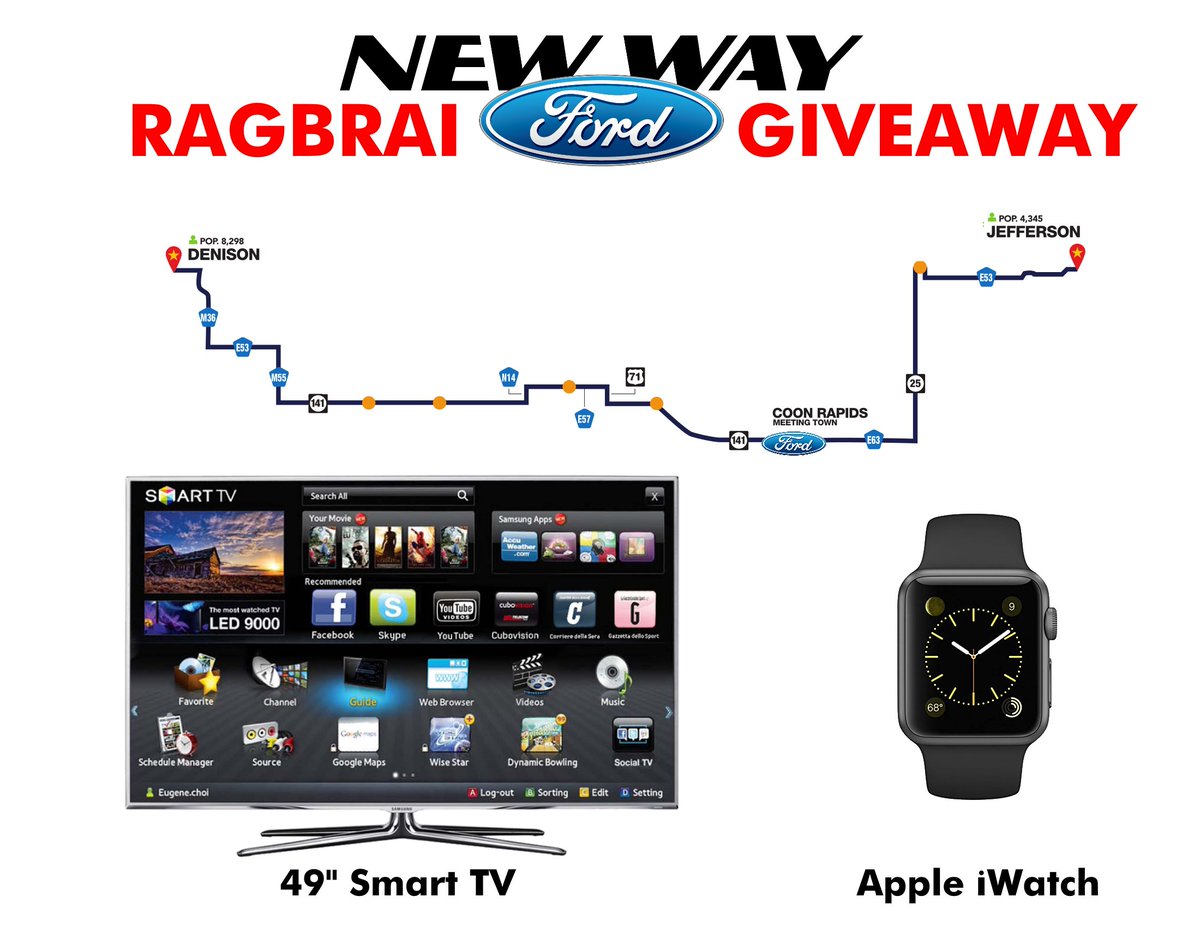 Hey <a href="/RAGBRAI_IOWA/">RAGBRAI</a> riders! As you are making that almost 72-mile ride from Denison to Jefferson, be sure to stop at New Way Ford in Coon Rapids to cool off, refresh and to sign up for our free giveaways! We are giving away a 49" smart TV and an Apple iWatch. See you on Monday!