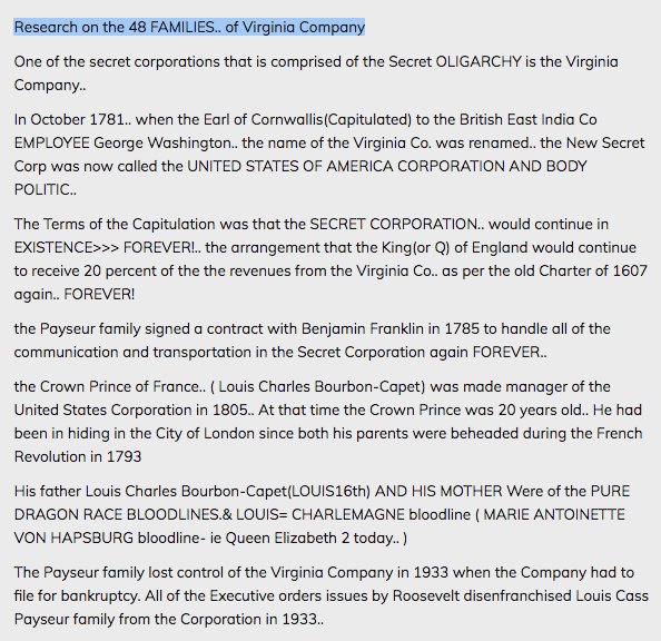 Payseur= 48 FAMILIES.. of Virginia Company?One of the secret corporations that is comprised of the Secret OLIGARCHY is the Virginia Co?Family/careers.McLean, Virginia.The age of tech has hurt their ability to hide/control.Majority today were ‘born in’ to the circle. @POTUS