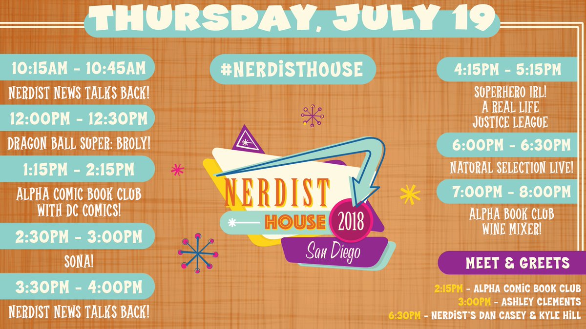 nerdist's tweet image. #SDCC, we're ready for you! 🎉 Come by our #NerdistHouse located @ 530 Sixth Ave today from 10am - 8pm for #NerdistNews Talks Back, talks w/ #DragonBallSuperBroly's VO cast, SONA w/ @theashleyclem, #AlphaComicBookClub @DCComics edition, &amp;amp; more!

See today's full schedule below: