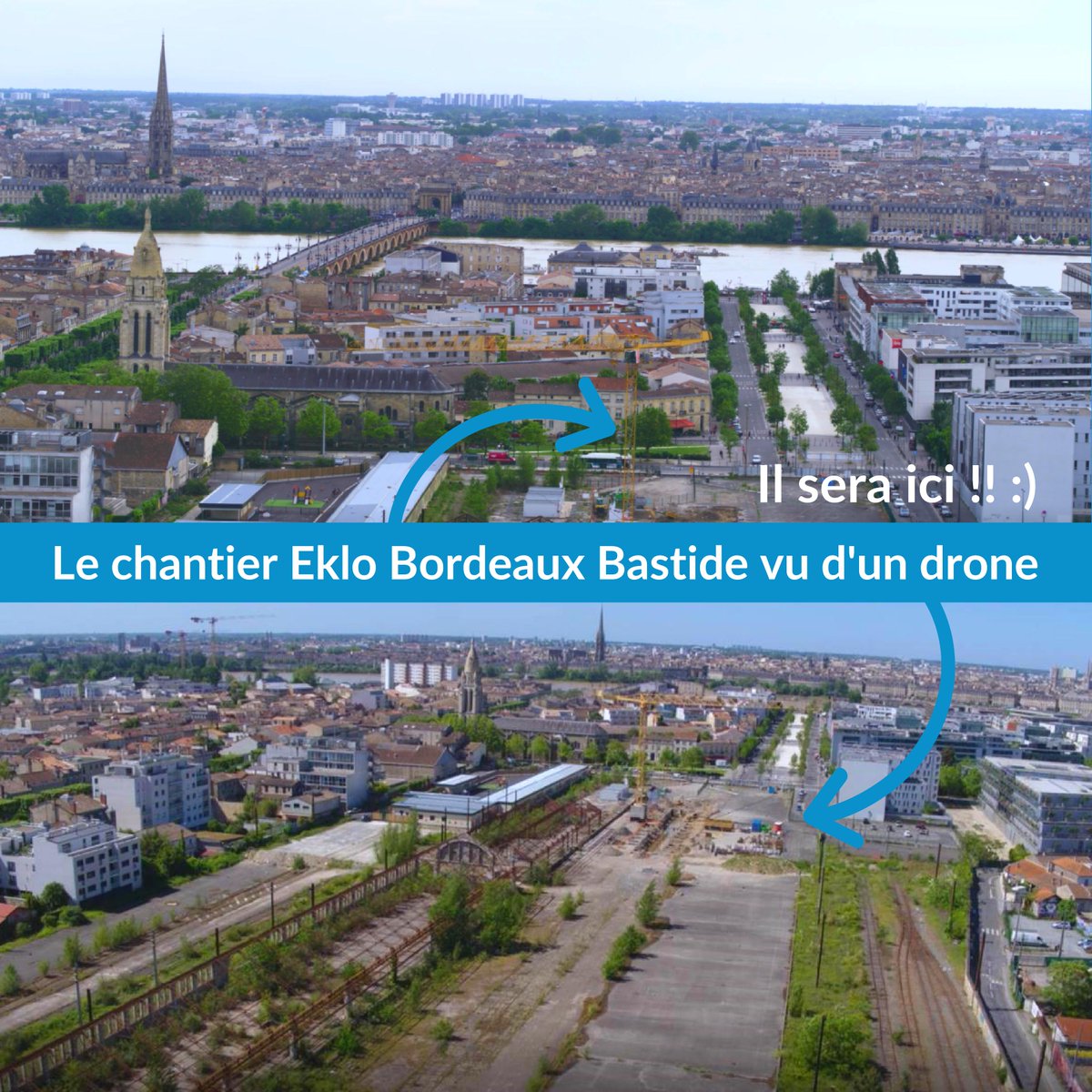 eklohotels's tweet photo. Le chantier Eklo Bordeaux Bastide vu d'un drone 😍 Merci BMA pour ces belles prises de vue 😎@BastideNiel 
#eklo #eklohotels #eklobordeauxbastide #bastideniel https://t.co/uYATwPF5Ta
