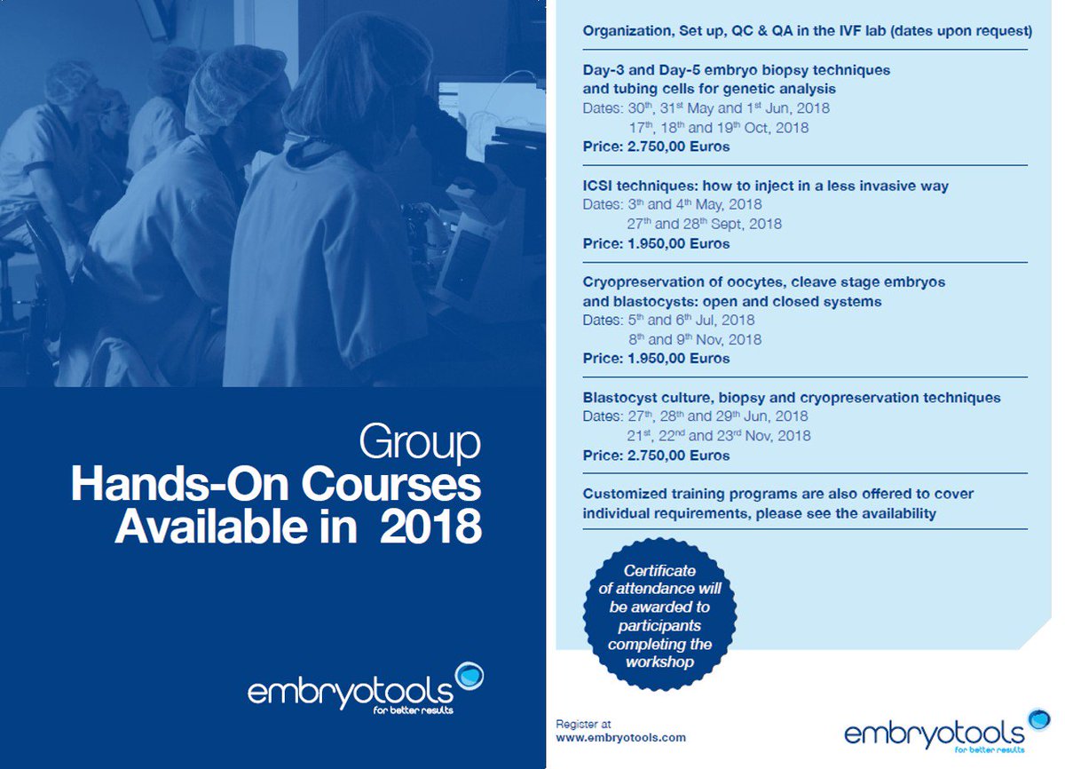 Embryotools, S.L. (@embryotools) on Twitter photo Are you interested in enhancing your skills in advanced IVF techniques?
Don't miss our upcoming hands-on courses!
For admission fees and further information, please contact: training@embryotools.com. Are you interested in enhancing your skills in advanced IVF techniques?
Don't miss our upcoming hands-on courses!
For admission fees and further information, please contact: training@embryotools.com.