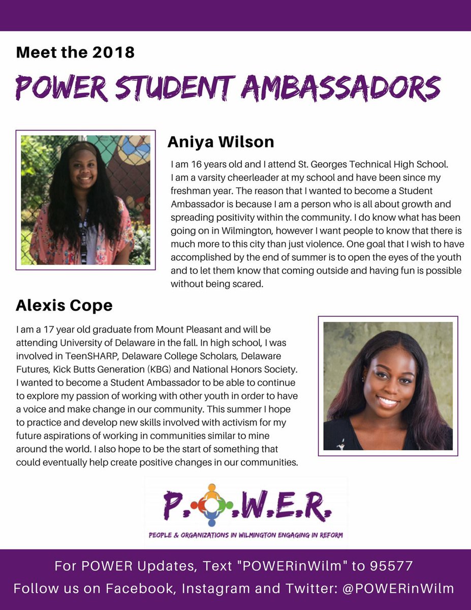 Meet our POWER Student Ambassadors, Aniya and Alexis! They will be working with the Wilmington Community Advisory Council to lead our youth engagement initiatives. Follow them on their IG page --> @POWERinWilmYouth  #YouthAtTheTable #YouthLeadership