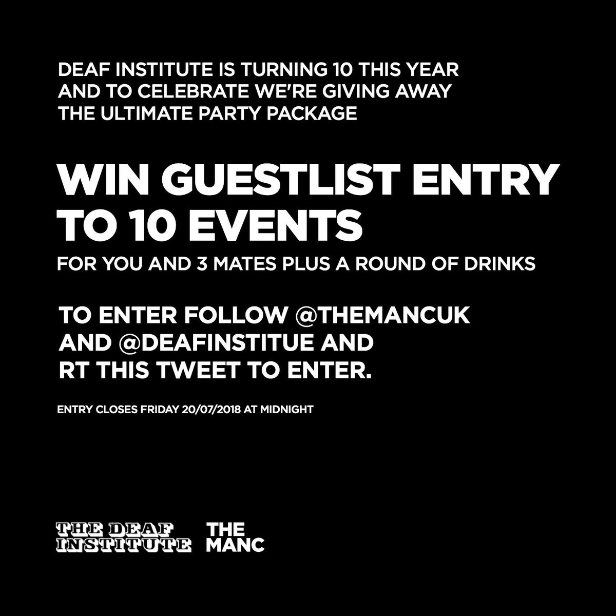TheMancUK's tweet photo. The Deaf Institute are hosting 10 events starting Saturday to celebrate their 10th birthday and we're giving away a guest list entry for you and 3 mates AND drink for EVERY event! 

Just RT this and follow @TheMancUK and @DeafInstitute to enter. https://t.co/XBKtiXUyya