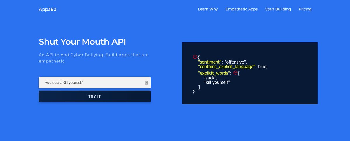 dinuka_jay's tweet photo. This week, we are launching 'Shut Your Mouth API' 🤐, an API that runs sentiment analysis on your text and returns you a JSON payload indicating whether its a negative sentiment and the explicit words used in it. It's a simple step towards eradicating cyberbullying and harassment https://t.co/tst4iHz24A
