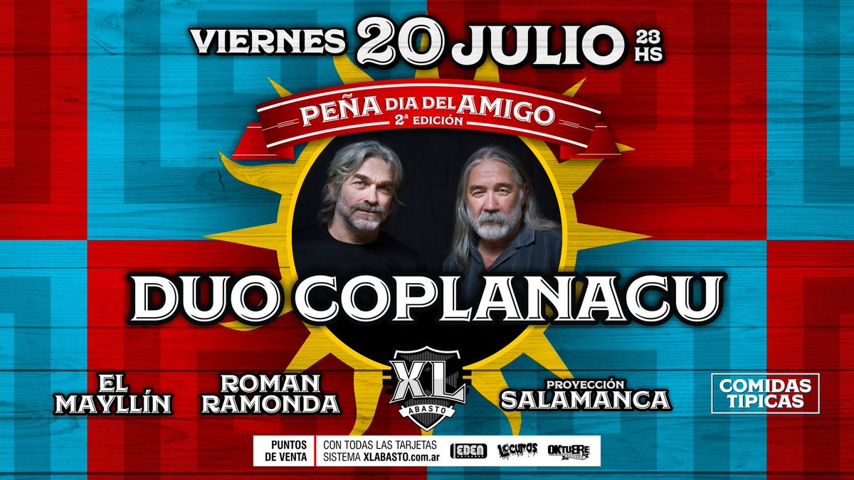#CórdobaCapital Este 20/07 llega el <a href="/DuoCoplanacu/">Dúo Coplanacu</a> con la 2ª Edición #PeñaDíaDelAmigx en el <a href="/XLabasto/">XL Abasto</a>. Entradas en ➡ bit.ly/2N1X3vX