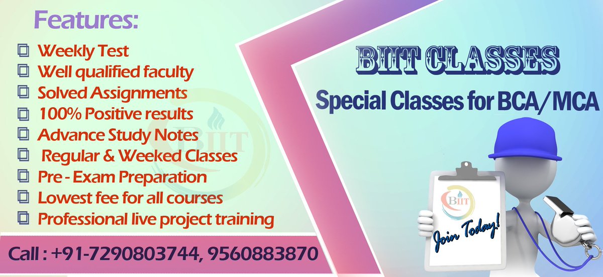 biit_classes's tweet photo. #BCA #MCA #BCA_Coaching #MCA_Coaching #IGNOU #Computer_science #Core_java #Advance_java #ASP #MVC #HTML #C_language #PHP #Wordpress #SQL_server
Admission going on....
For further details contact: +91-7290803744, 9560883870 https://t.co/0lfyenNFIa
