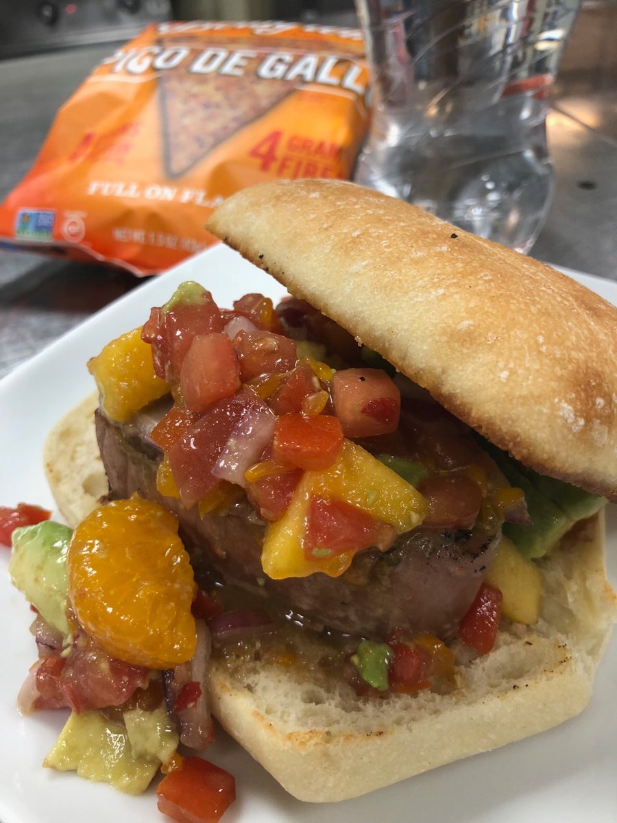 Morrisoncchs's tweet photo. A little rain won’t stop us from giving you a great grill special - yellow fin tuna with a peach and Mandrian orange pico. https://t.co/8msYNyX7Zi