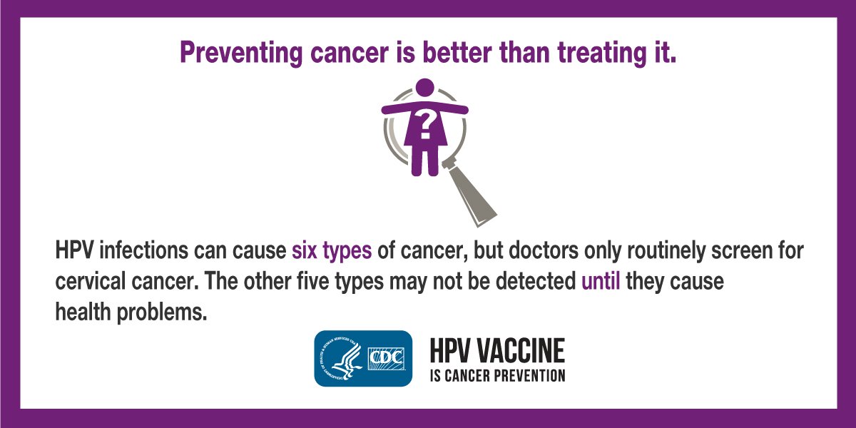 CDCgov's tweet image. Did you know #HPV infections can cause six types of #cancer? Getting the HPV vaccine for your child now is better than treating an HPV cancer later in life. bit.ly/2I4lZQE