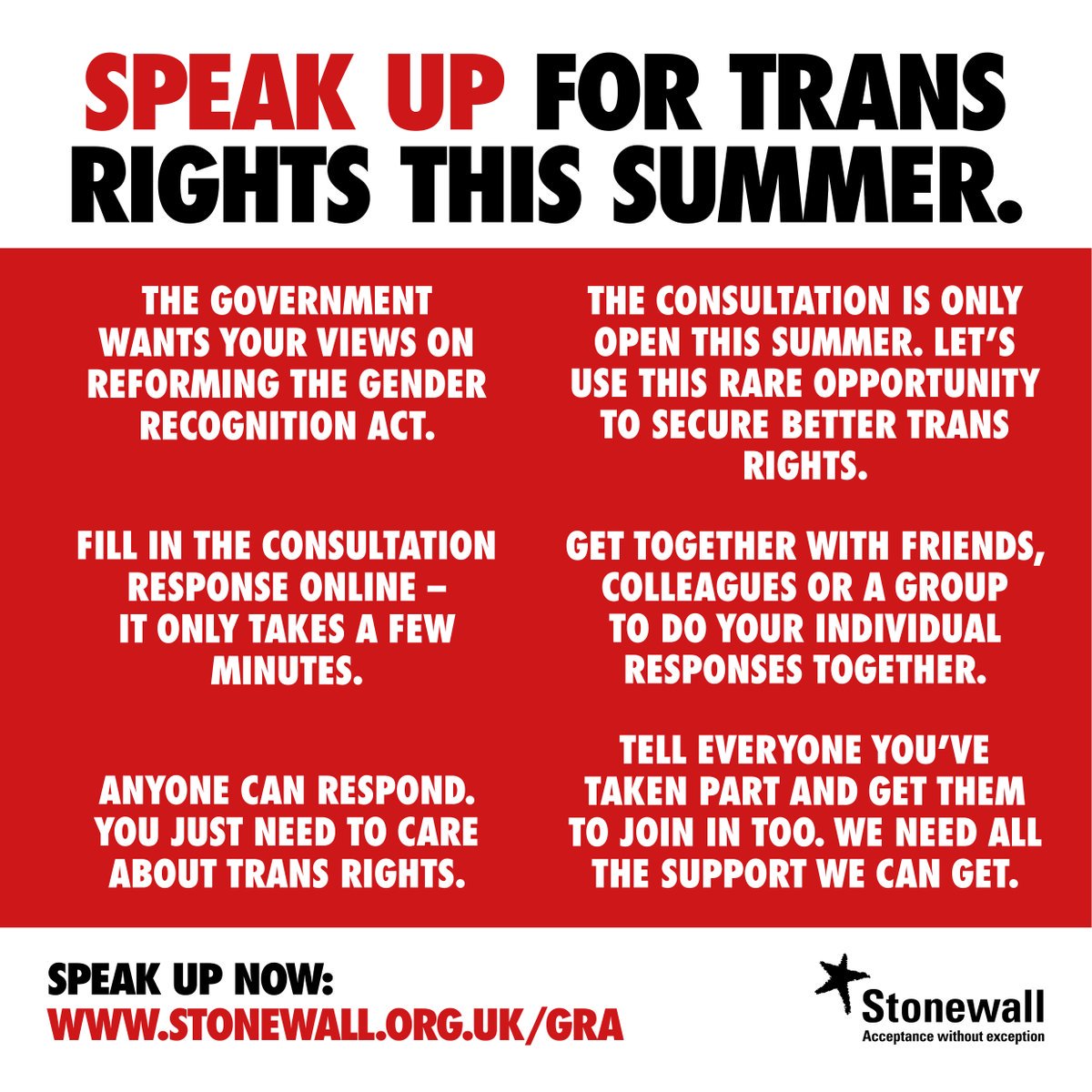 The government consultation on reforming the outdated Gender Recognition Act has launched. We want the voices of trans people and allies heard loud and clear. Find out more about how you can #ComeOutForTransEquality in the #GRA consultation: stonewall.org/GRA #GRAReform