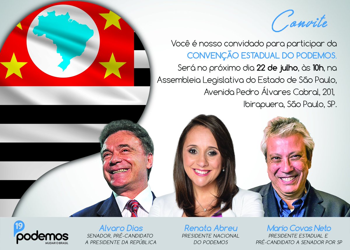 RenataAbreu2020's tweet photo. É neste domingo! Vamos definir o time do Podemos-SP para concorrer aos cargos de deputado federal e deputado estadual. E oficializar o nosso querido @mariocovasnetocomo candidato ao Senado. Venha participar com a gente dessa grande festa!
#JuntosPodemosMudaroBrasil
#PodemosSP https://t.co/la5VG0pNWX