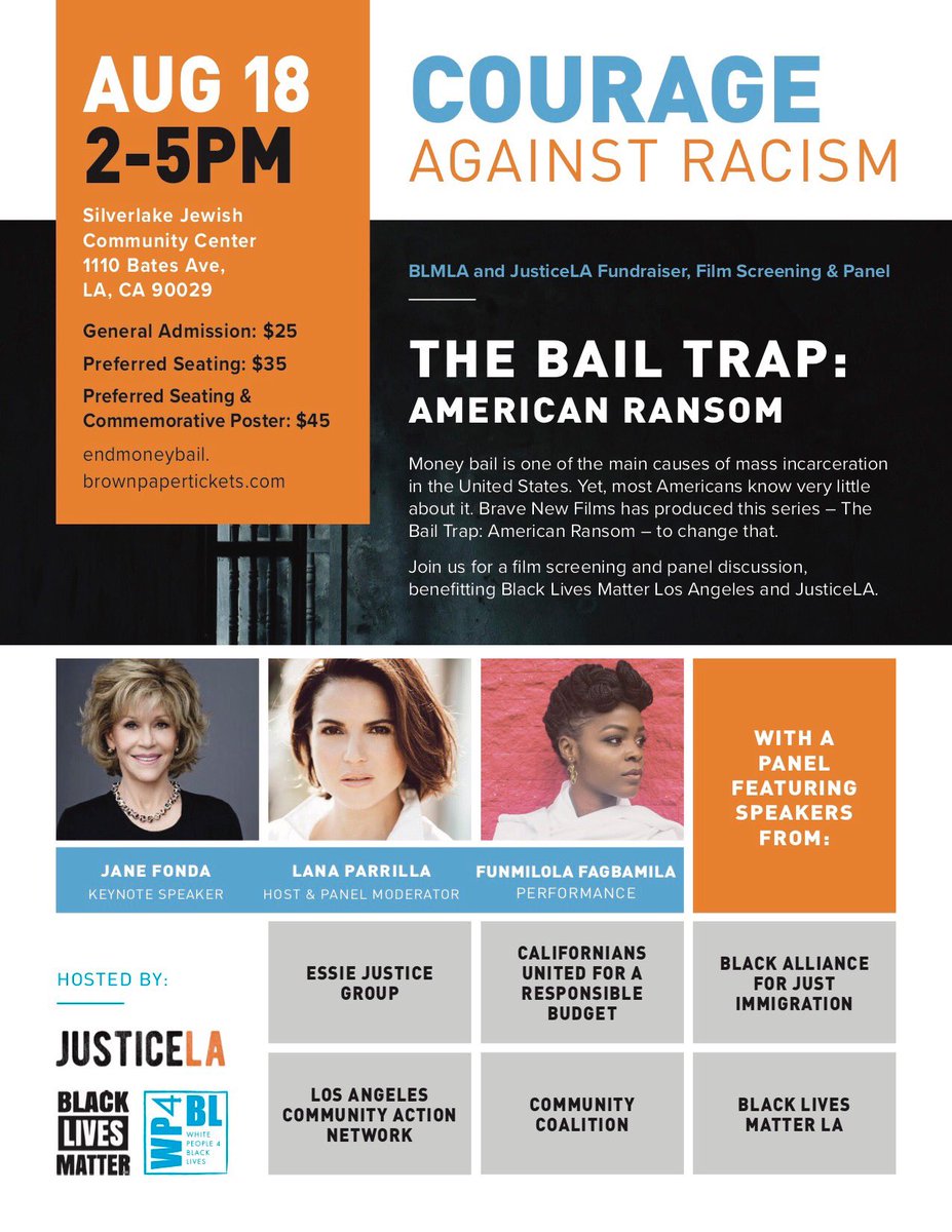 JusticeLANow's tweet photo. Please support JusticeLA’s work by attending Courage Against Racism, a special screening of @bravenewfilms The Bail Trap + plus keynote speaker @JaneFonda and a panel discussion. Tickets: https://t.co/YKGq5ZsvQM #JusticeLANow https://t.co/1l0XSb1PW2