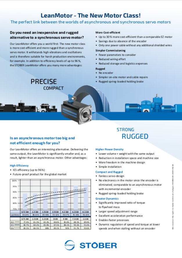 STOBERdrivesuk's tweet photo. The new motor class from STOBER: The completely sensorless #LeanMotor is significantly lighter and smaller than an asynchronous servo motor with the same output and more cost-efficient and more rugged than a servo drive. https://t.co/jfLYORJurk https://t.co/2zFfO43zTi