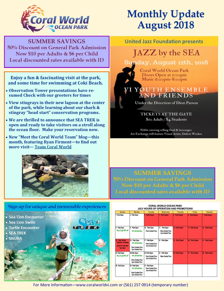 CoralWorldvi's tweet photo. Coral World's updates for August 2018 💦💦 - https://t.co/V0oSBJtjtK #jazzbythesea #usvi #vistrong #coralworldvi #nightout #music https://t.co/ujmEMU02Lq