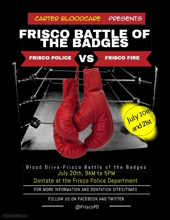 FriscoPD's tweet photo. Friday July 20, 9 AM to 5 PM:
-Frisco City Hall 4th floor
-Frisco Police Department
-Frisco Central Fire Station
Saturday July 21, 9 AM to 3:30 PM:
-Frisco Athletic Center
-Frisco Fire Station #6
-Frisco Fire Station #8
#votepolice #battleofthebadges https://t.co/A5hoPj5j1G