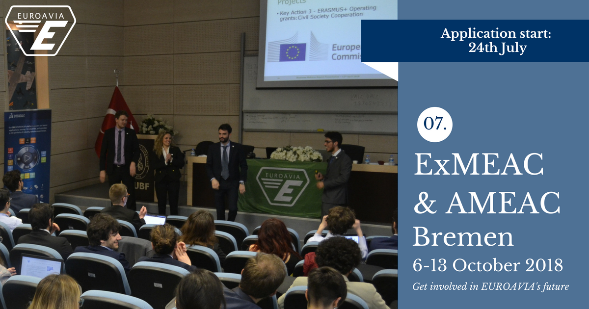 EUROAVIA's tweet photo. Applications for #AMEAC and #ExMEAC #Bremen2018 are opening on the 24th of July!!!
6th-8th October: #ExMEAC
7th-13th October: #AMEAC
The fee for the event is 20€ for ExMEAC and 130€ for AMEAC.
For more information, check our news article here:
https://t.co/po31SVryO7 https://t.co/BXD3qj1q48