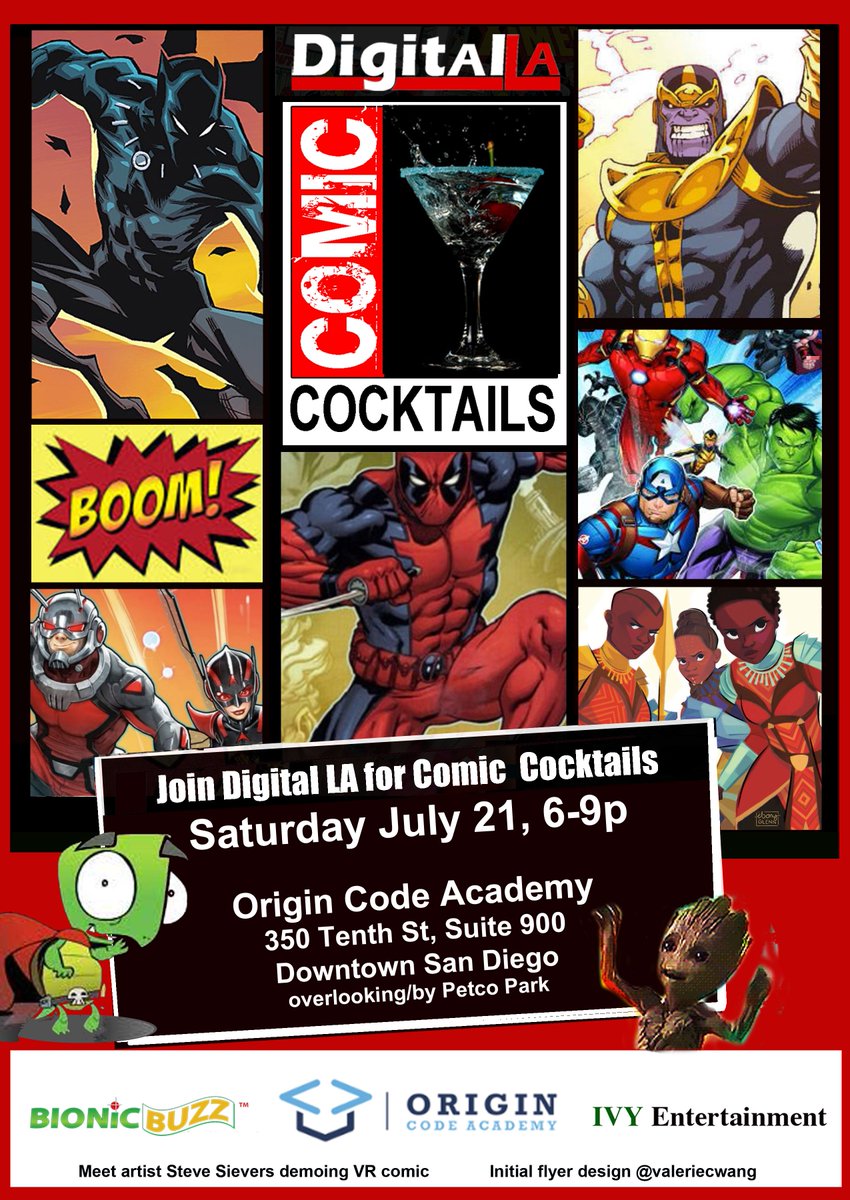 DigitalLA's tweet photo. RSVP for our annual Comic Cocktails this Sat 7/21, 6-9p at @OriginCodeAcad with partners @IVYentertainmnt @BionicBuzz in downtown San Diego overlooking Petco Park. During #SDCC #ComicCon https://t.co/4g7y3RsvAX https://t.co/tDIInTQBts