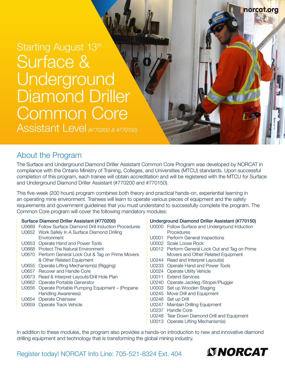 CDDA_ON's tweet photo. Norcat in Sudbury is developing a Surface &amp; Underground Diamond Drilling Common Core Program.  For more information see https://t.co/kQKfQbrNRt

@norcat #diamonddrilling #safety #course #Training #norcat #sudbury #drilling https://t.co/hEStFM4qsD
