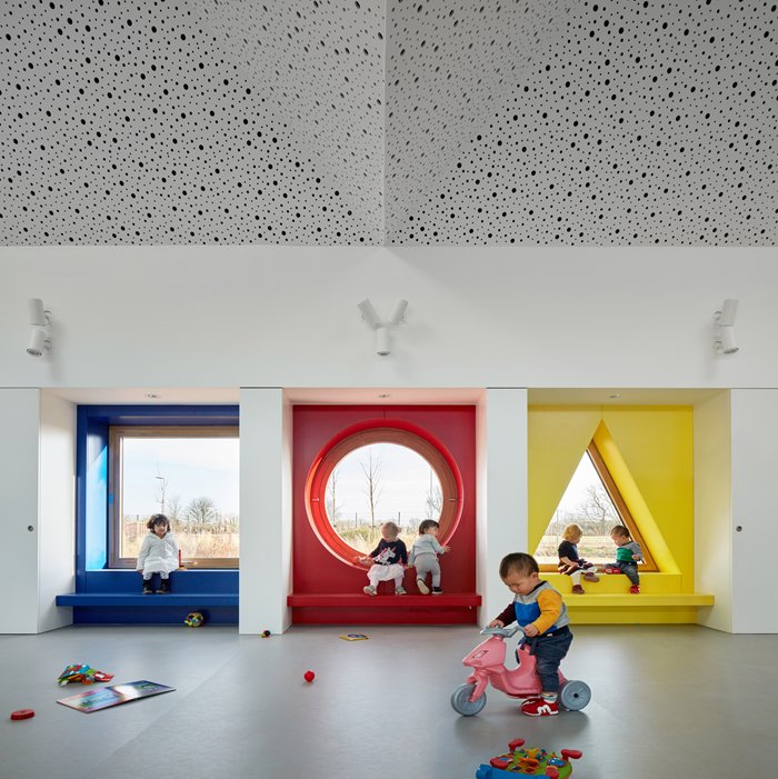 Square circle triangle windows with children playing