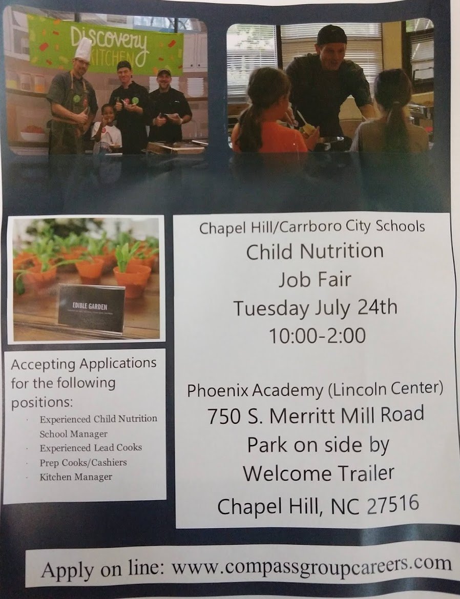PopUpFoodie's tweet photo. Know someone who's a great match for our team of 100 cafe staff in 19 CH/Carrboro schools? We're a great group! Have them complete an application (https://t.co/np6CXKZiGS) and interview at our Child Nutrition job fair July 24th btn 10 and 2 @chccs https://t.co/r9qn5d2TUH