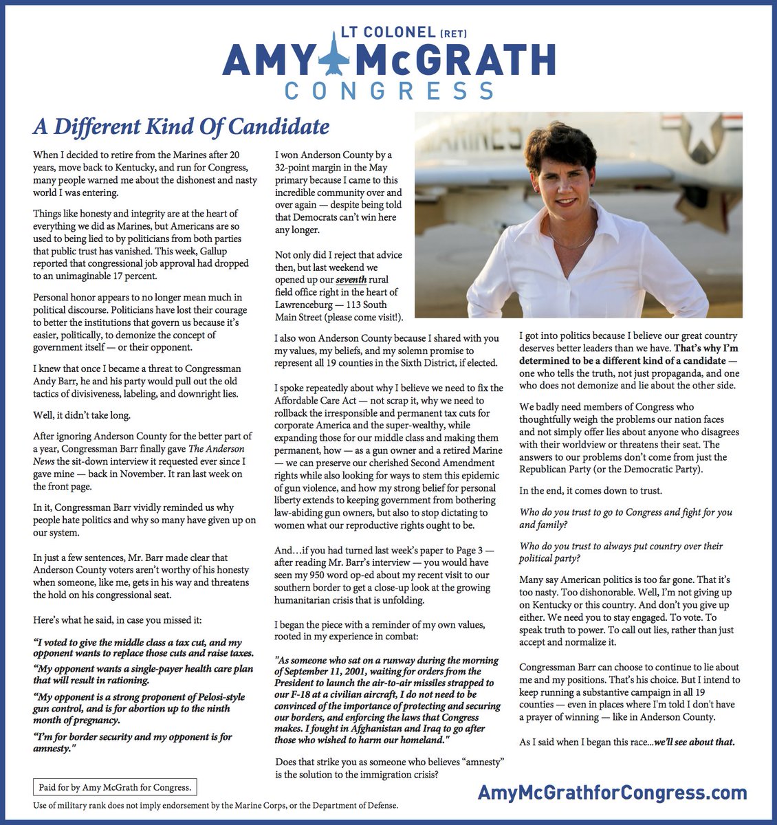 I'm sick of the weak leadership we continue to get from our elected officials, of normalizing lies and dishonesty, and a congressional job approval at 17%. If you lie about this Marine, I will call you out on it everywhere, including 1/2 page ads in papers where you spew them.