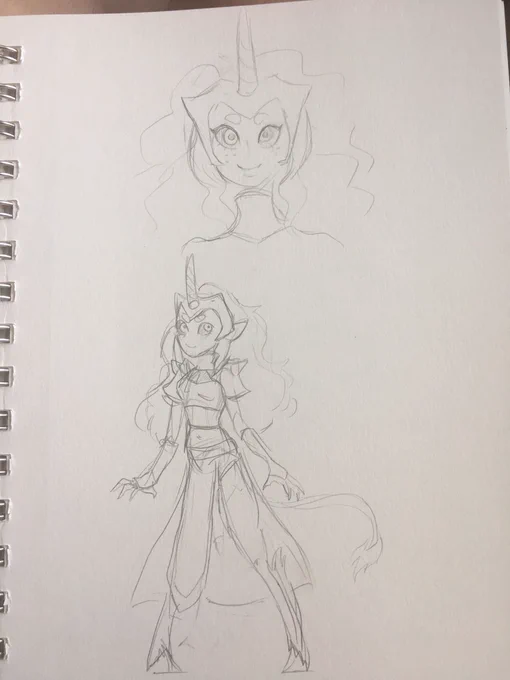 Im on vacation so no art but heres a dnd character ive been workshopping! A celstial warlock tiefling whose single horn gets her mistaken as a unicorn by an elderly one and raised in the forest as one 