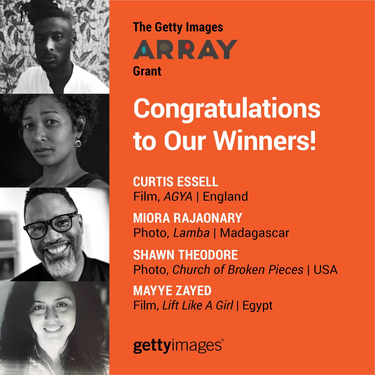 GettyCreativity's tweet photo. Congratulations to the winners of our 1st Getty Images ARRAY Grant—created in partnership with Ava Duvernay’s @ARRAYNow—supporting art that creates diverse and inclusive visual stories. Stay tuned to see the winning work! #gettyarraygrant  #arraynow https://t.co/4depWl6maY https://t.co/wpMTFaKtQ3