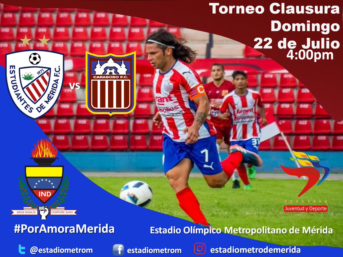 estadiometro's tweet photo. estadiometrodemerida#domingo 22 de julio 4pm torneo clausura partido @estudiantesdemeridafc vs @carabobofutbolclub en @estadiometrodemerida https://t.co/gsQRRyGM4c