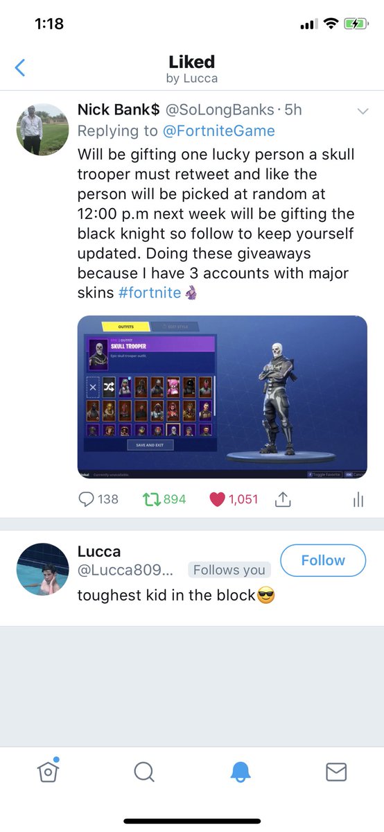 SoLongBanks's tweet photo. @FortniteGame Go rt this tweet and like and follow to stay updated next week I’ll be doing black knight if u want some vbucks I’ll be doing that as well #fortnite https://t.co/NQHbKHwpT0