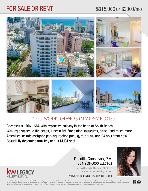 PriscillaMiaRE's tweet image. JUST REDUCED: 1/1.5 condo in fabulous #SouthBeach, Miami! ☀️ Call for a showing 305-343-3191
priscillamiamirealestate.com/property-detai… #lookingtomove