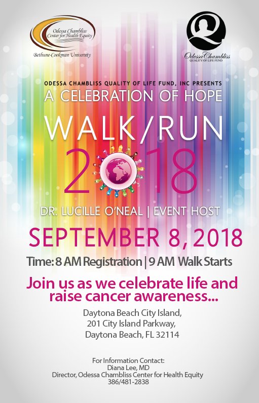 bethunecookman's tweet photo. Join the B-CU family as we celebrate life and raise cancer awareness this September through the Odessa Chambliss Quality of Life Fund “A Celebration of Hope Walk/Run” September 8, 2018. 8AM- Registration. 9AM- Walk Starts. See flyer for more details. #EventsAtBCU #HailWildcats https://t.co/koMJsfDFAg
