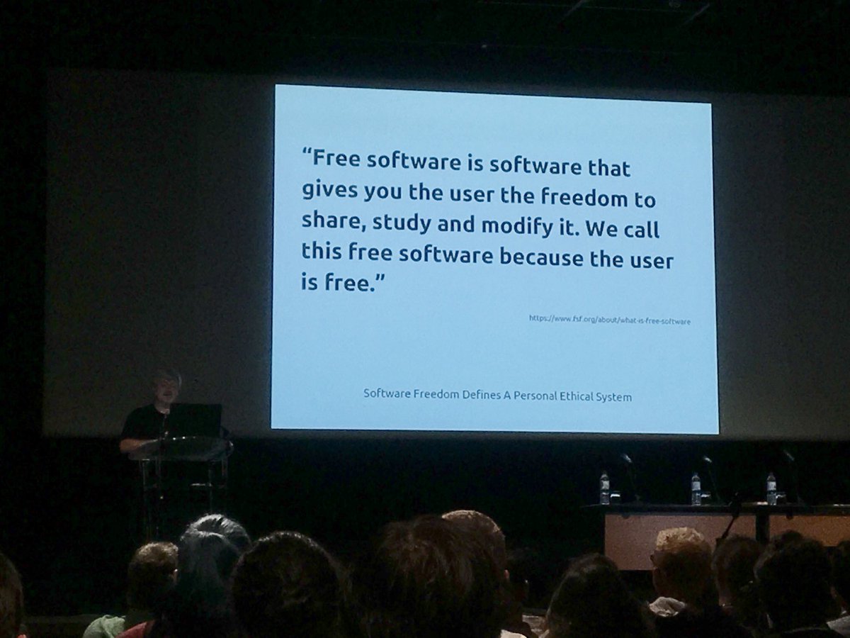 ameliaeiras's tweet photo. @russmiles @webmink 💪🏼💙 stated clearly what #freeOSS means @EclipseCon Toulouse keynote: “free software is software that gives you, the user, the freedom to share, study & modify it. We call it #freesoftware because the user is free.” 💜 https://t.co/L0VmjYK3RY