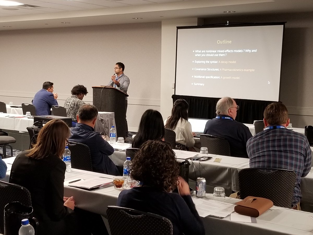 Stata's tweet photo. StataCorp's Houssein Assaad kicks off the afternoon sessions with his talk on nonlinear mixed-effects regression, showcasing the #menl command. #Stata2018 https://t.co/jZ8vNElwbH