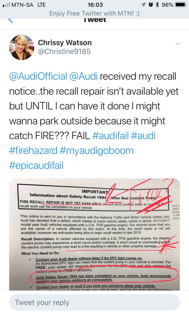 TCMabasa's tweet photo. @Ha_rhies @GeoVin_FS @tumisole @audisouthafrica It’s a stunt, they haven’t found a solution, the US & European customers were notified about the recall in May, but told to wait till Nov/Dec. We are the last, how did they find the solution so fast for SA but not internationally #AudiFire https://t.co/SaxDUHqreO