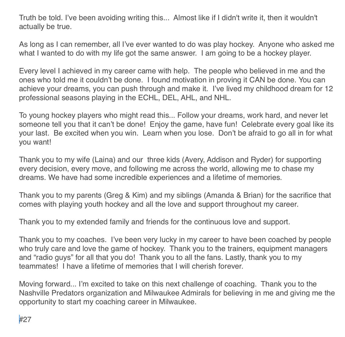 GregRallo27's tweet photo. Itβs been a great ride! #blessed #thankful @Jr_Blues @FerrisHockey @Steelheads @TexasStars @sarampage @FlaPanthers @roosters_hockey @mkeadmirals https://t.co/zyrfI0JdMm