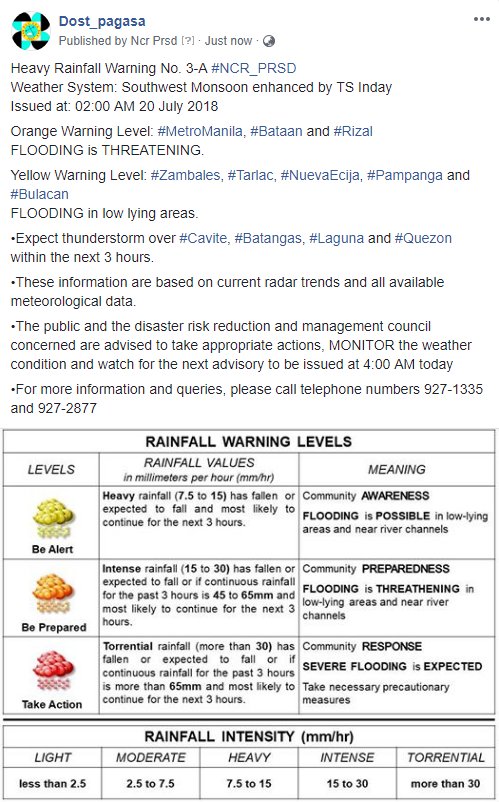 dost_pagasa's tweet photo. Heavy Rainfall Warning No. 3-A #NCR_PRSD
Weather System: Southwest Monsoon enhanced by TS Inday
Issued at: 02:00 AM 20 July 2018 https://t.co/DzlOMn8vsA