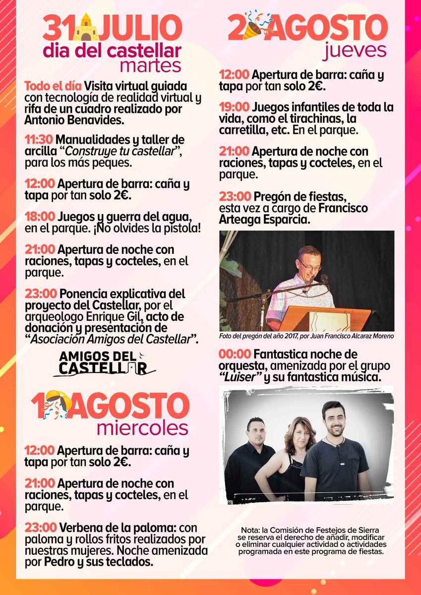 aavvsierra's tweet photo. 🎉¡LAS FIESTAS DE SIERRA 2018 YA ESTÁN AQUÍ!💃

Ven a disfrutar del 28 de julio al 5 de agosto de las fiestas de Sierra, ¡te estamos esperando!.  En las imágenes puedes ver todas las actividades que hemos preparado para pasar unas fiestas fantásticas. https://t.co/nmksz337Zt