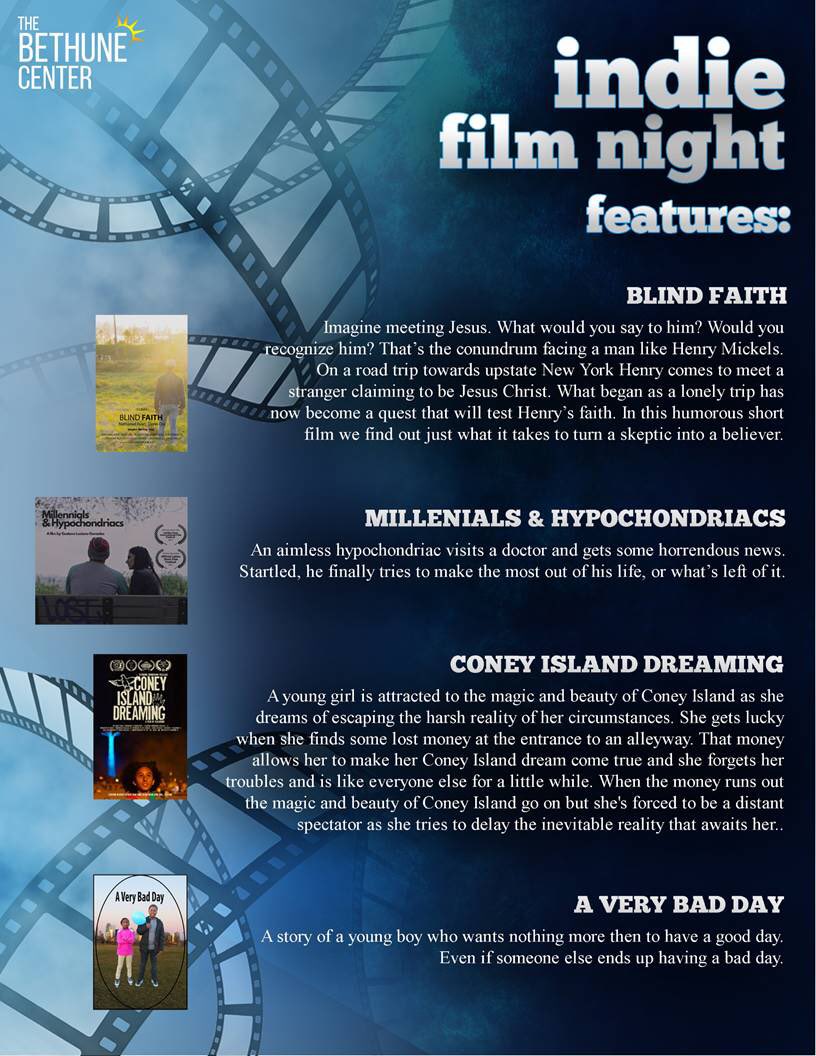 Join us TODAY (July 19th) from 7pm-9pm for the Bethune Center’s Indie Film Night! 🎞 This bi-monthly event showcases the talent of local filmmakers. 🍿 and🥤 will be served, and parking is free!
