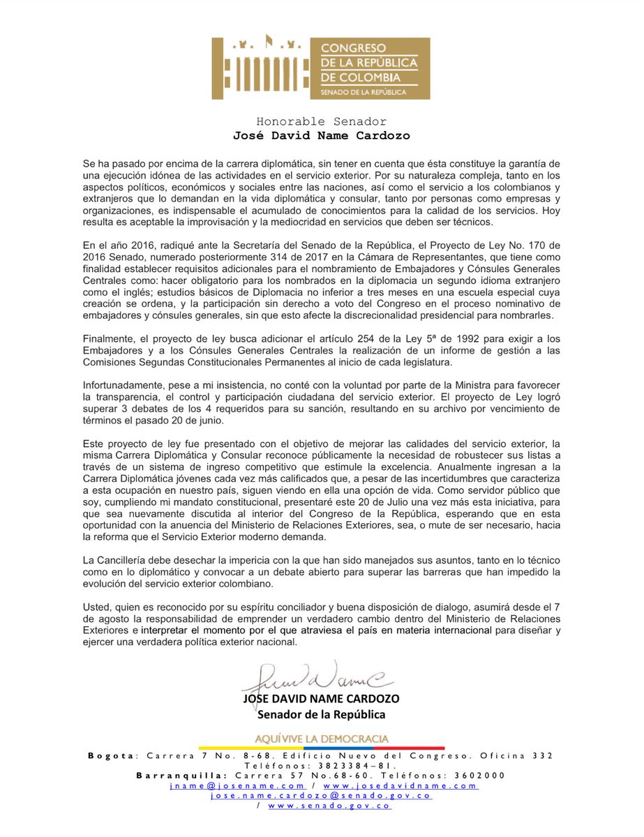 En carta abierta solicité al nuevo Canciller <a href="/CarlosHolmesTru/">Fundación Carlos Holmes Trujillo</a>, tomar acciones correctivas en el Servicio Diplomático <a href="/CancilleriaCol/">Cancillería Colombia</a> bit.ly/2Lkl18i #ServicioExterior
