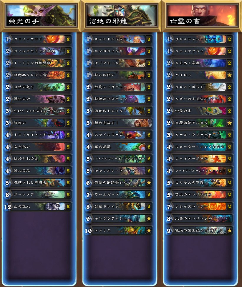 Hearthstone Express 参考までに 妖の森ウィッチウッド の全9種のデッキレシピを掲載します 対戦中にずっとウィズバンがヒーローとなるのではなく 対戦開始時に既存のヒーローに置き換えられるとのことでした