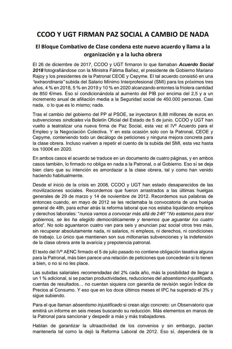 SoliObrera's tweet photo. Contra el Pacto Social de #CCOOyUGT y la Patronal en el IV° AENC, condena del #BloqueCombativoClase (AST, Baladre, CoBas, CSC, SAS, SUSH, Solidaridad Obrera e Intersindical de Aragón)
https://t.co/Ya7VNAtgFU https://t.co/dr7slk7NM2