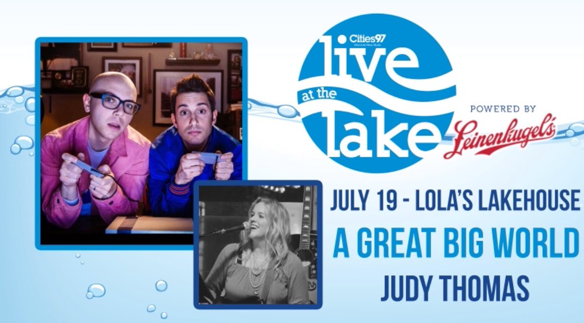 Greg Thunder (@gregthunder97) on Twitter photo Rain or shine it’s going to be FINE!
<a href="/lolaslakehouse/">Lola's Lakehouse</a> for #Cities97LiveAtTheLake today from 4-7p <a href="/Leinenkugels/">Jacob Leinenkugel Brewing Co.</a> drink specials and FREE live music from <a href="/AGreatBigWorld/">A Great Big World</a> and Judy Thomas.
We’ll see you in Waconia! Rain or shine it’s going to be FINE!
<a href="/lolaslakehouse/">Lola's Lakehouse</a> for #Cities97LiveAtTheLake today from 4-7p <a href="/Leinenkugels/">Jacob Leinenkugel Brewing Co.</a> drink specials and FREE live music from <a href="/AGreatBigWorld/">A Great Big World</a> and Judy Thomas.
We’ll see you in Waconia!
