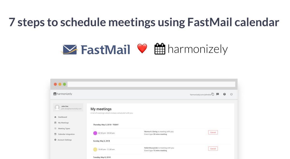 muszynski_rafal's tweet image. Are you using #FastMail calendar? Check how easy it is to schedule meetings using your FastMail calendar bit.ly/FastMail_Harmo… #harmonizely #productivity #meetings #scheduling #timemanagement #Entrepreneurship #tools