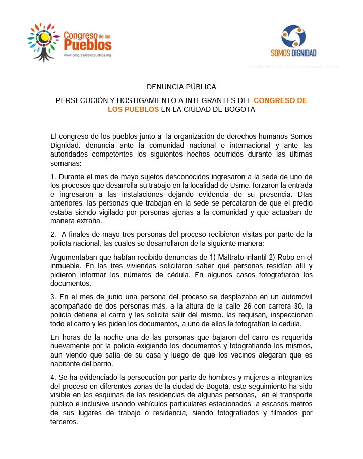 DiegoPintoMi's tweet photo. Denunciamos actos de persecución y hostigamiento a nuestro proceso en Bogotá. Exigimos todas las garantías para ejercer nuestra actividad política y social. #SerLíderSocialNoEsDelito @DefensoriaCol @SomosDef @PGN_COL @FiscaliaCol @CPDHColombia @Ccajar @fundacioncspp https://t.co/sBDYmd3niS