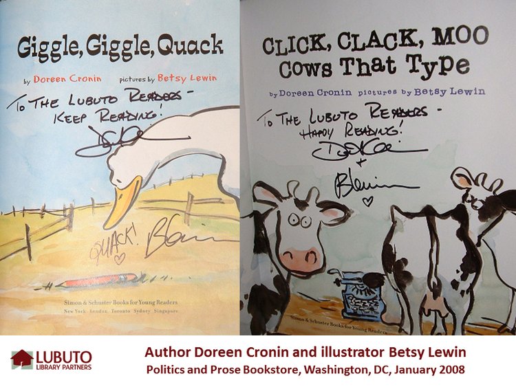 LubutoLibrary's tweet photo. Looking for something fun to read? This #LubutoLibraries patron is really enjoying "Click, Clack, Moo: Cows that Type." We are so thankful to @doreencronin1 and #BetsyLewin for writing a special inscription to our children in this one! https://t.co/D3SLKjW3TB