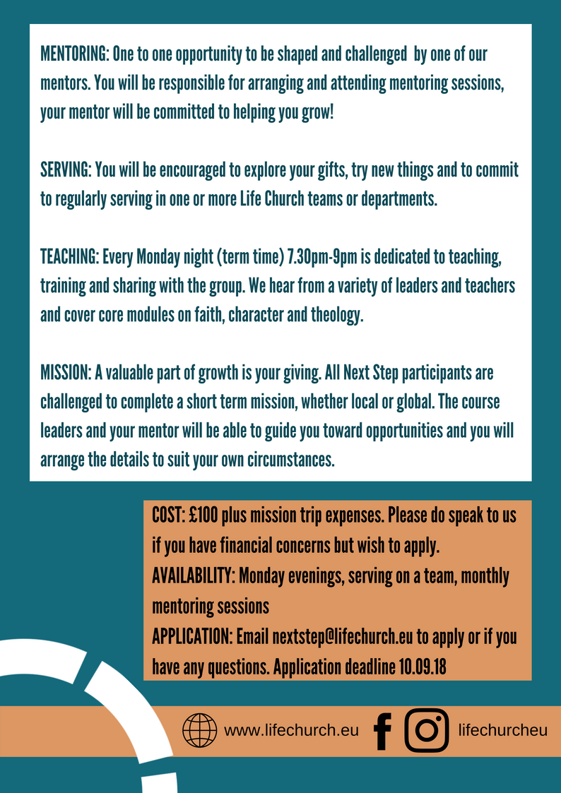 Next Step is a fantastic program for anyone interested in growing in their faith and ministry. If you are interested in signing up for the next course staring October 18 then email or DM now! 

#discipleship #faith #training